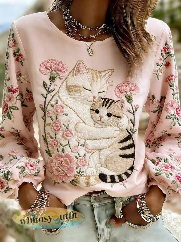 Dames elegante kat moeder liefde patroon bedrukt casual top - als foto / S