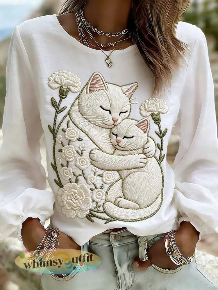 Dames elegante kat moeder liefde patroon gedrukt casual top - als foto / S