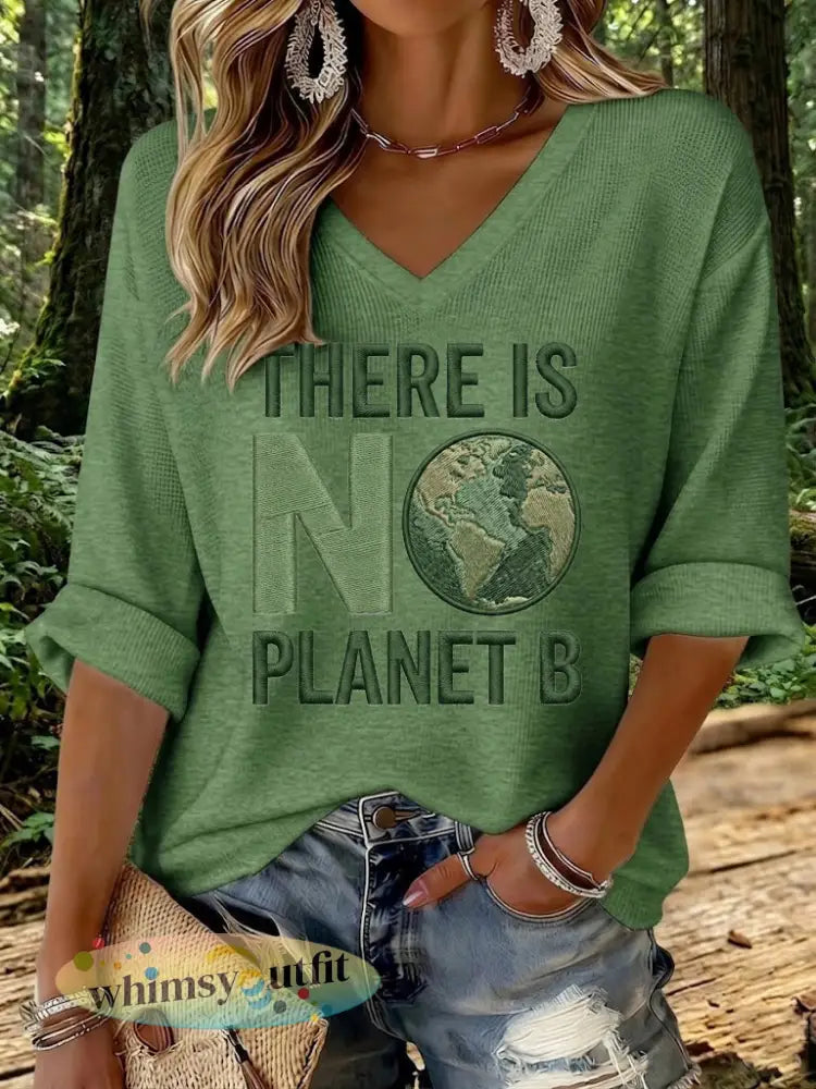 Dames er is geen Planet B geprinte wafel T-shirt - Legergroen / S