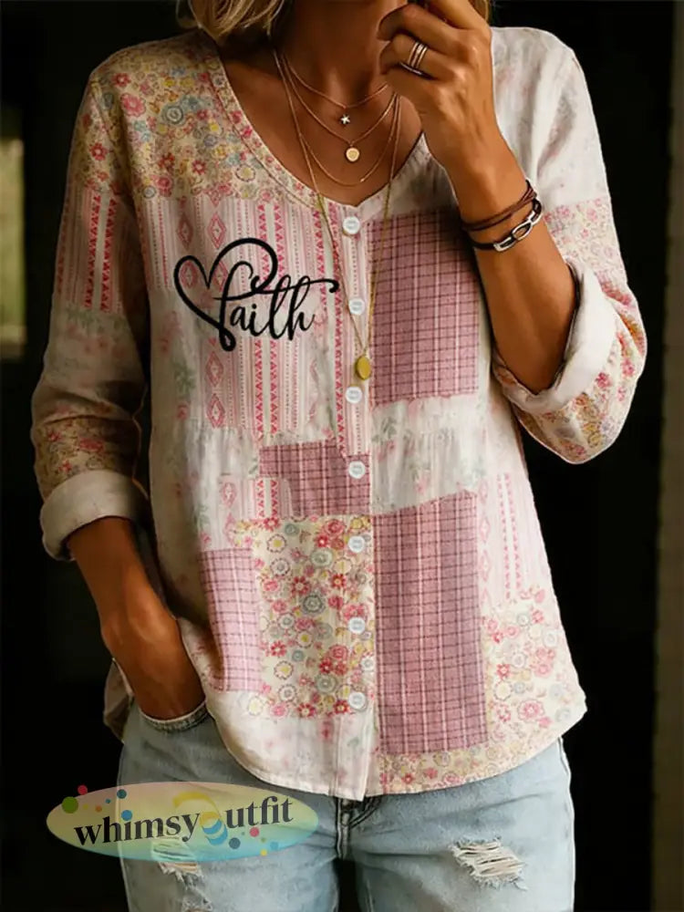 Dames Faith Floral Katoen-linnen V-hals knoop-up shirt - Roze / S