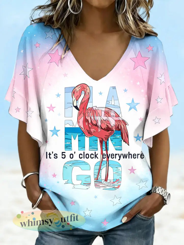 Dames Flamingo pensioen Gradiëntprint casual V-hals T-shirt - Veelkleurig / S