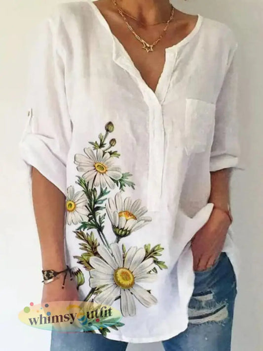Dames gebloemd linnen blend shirt - Wit / S