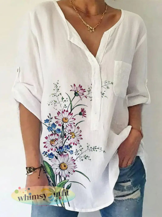 Dames gebloemd linnen blend shirt - Wit / S