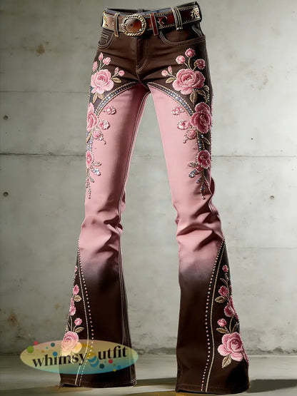 Dames gebloemde broek met kunstprint - Donkerbruin / S
