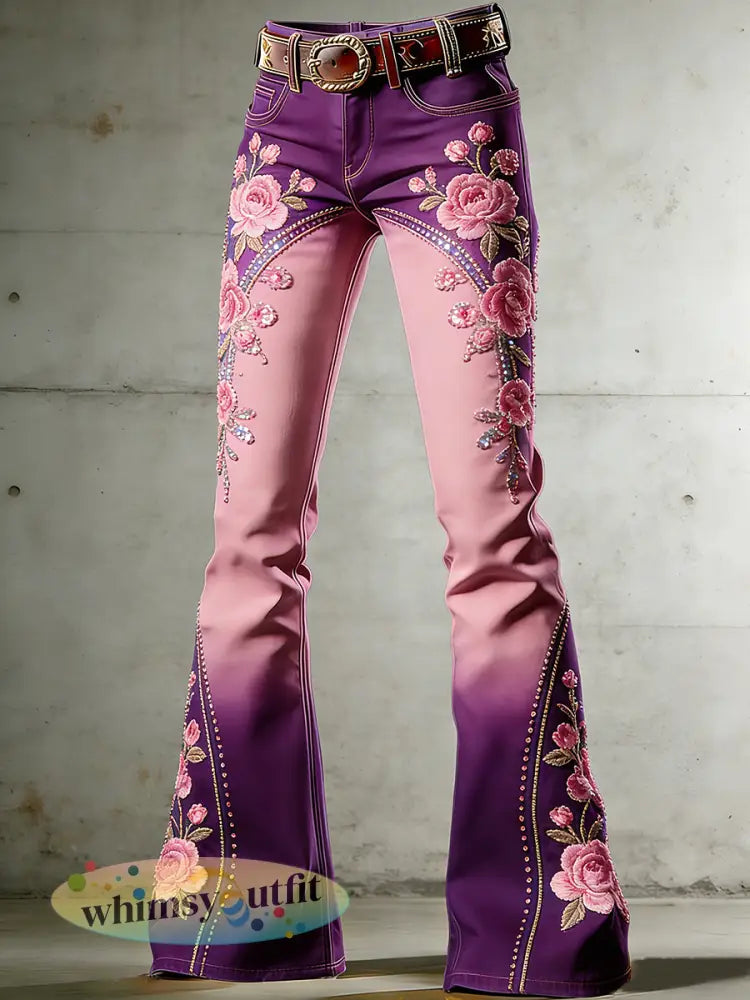 Dames gebloemde broek met kunstprint - Paars / S
