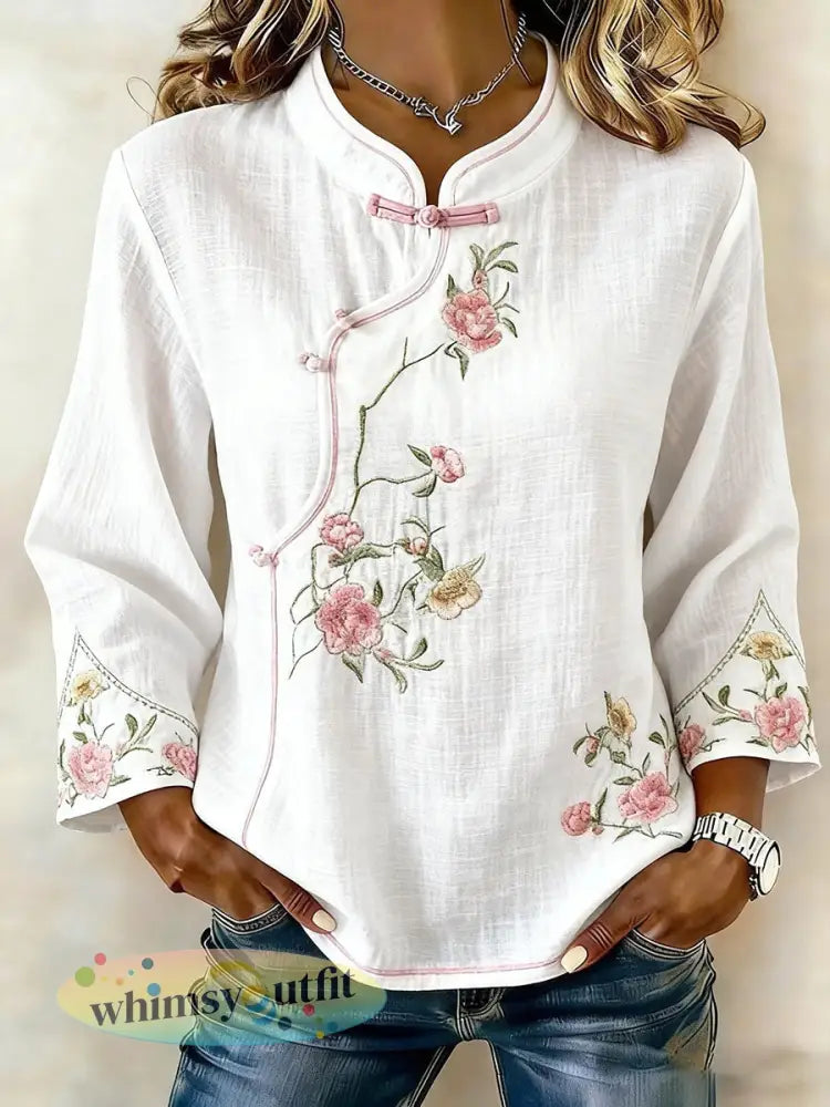 Dames gebloemde katoen en linnen T-shirt - Wit / M