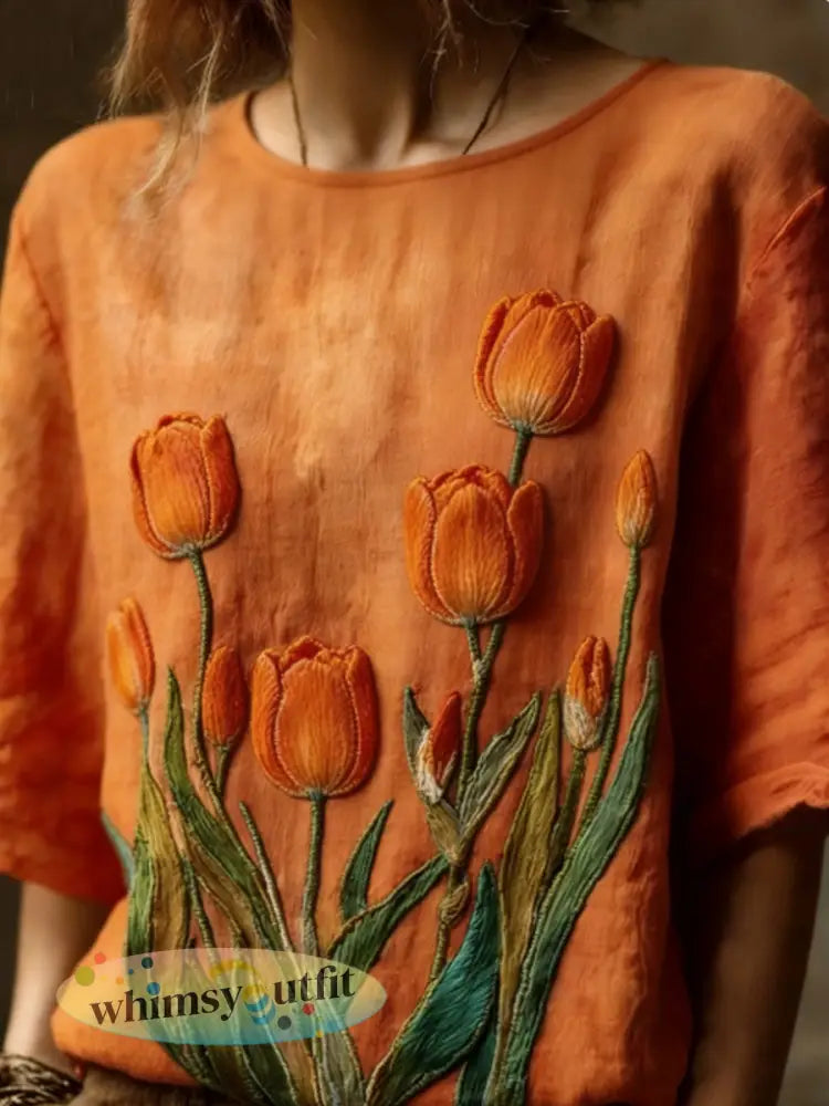 Dames geborduurd luchtig linnen casual shirt - Sinaasappel / S