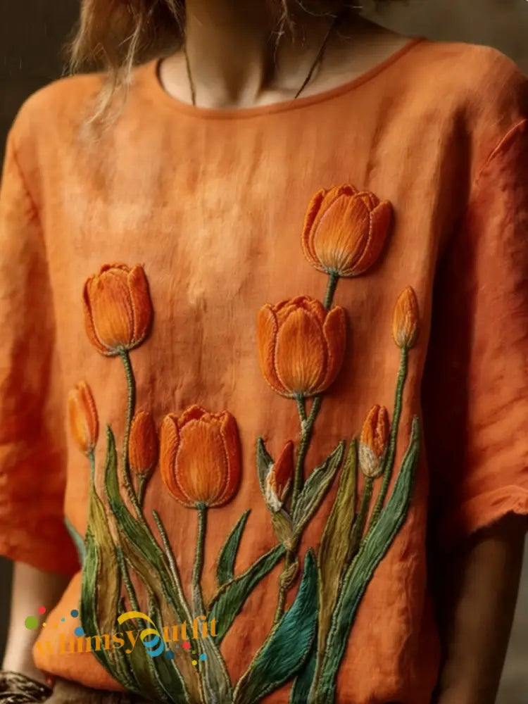Dames geborduurd luchtig linnen casual shirt - Sinaasappel / S