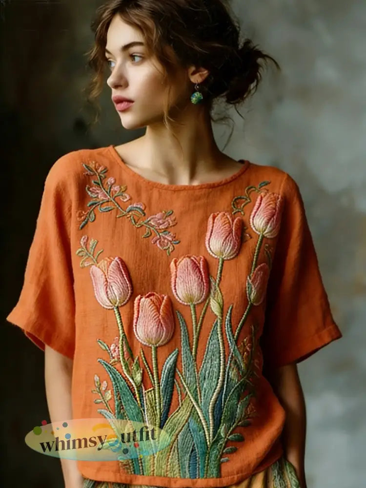 Dames geborduurd luchtig linnen casual shirt - Sinaasappel / S