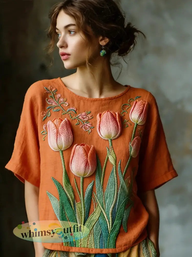 Dames geborduurd luchtig linnen casual shirt - Sinaasappel / S