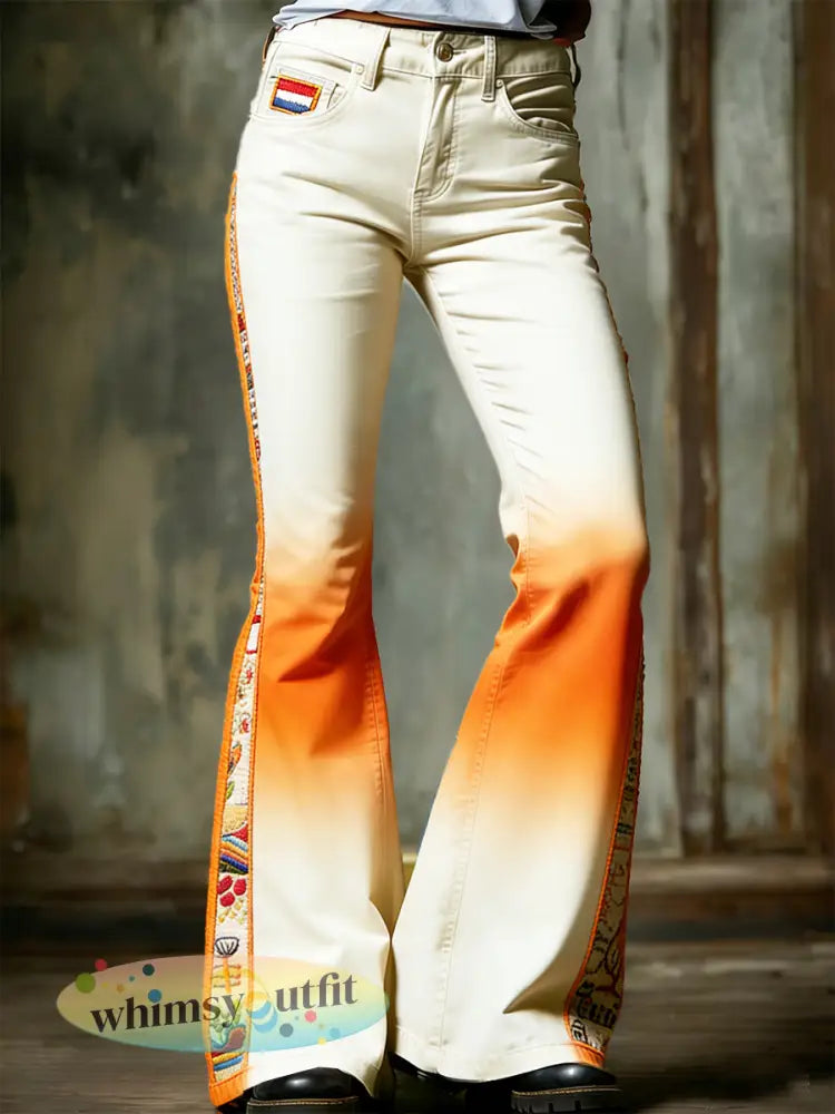 Dames gebroken witte Nederlandse koningsdag patchwork gradiëntprint casual uitlopende broek - Romig-Wit / S