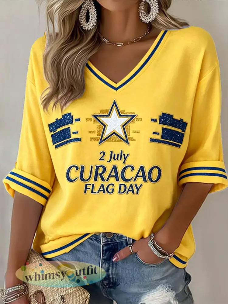 Dames Geel Curacao Vlag Dag Print Casual V-hals T-shirt - Geel / S