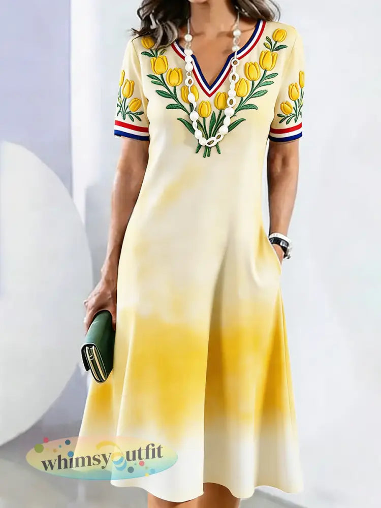 Dames gele tulp bloemenprint moederdag cadeau casual jurk met V-hals - Geel / S