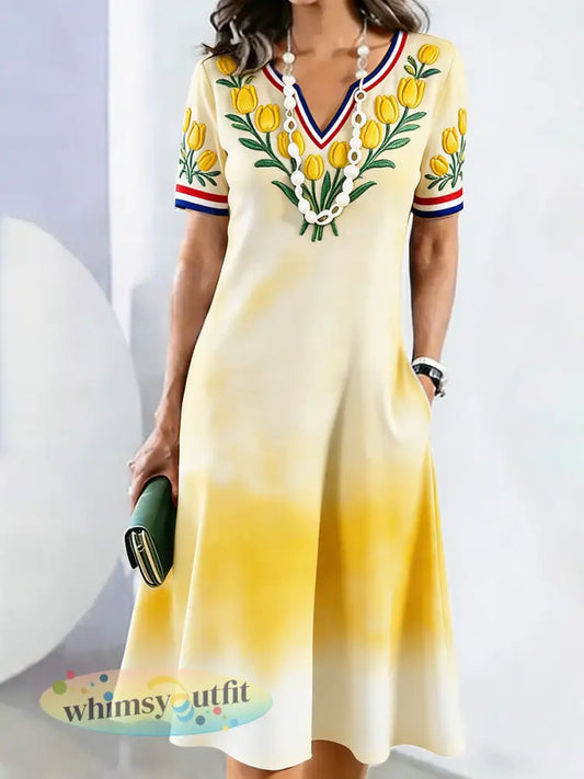 Dames gele tulp bloemenprint moederdag cadeau casual jurk met V-hals - Geel / S