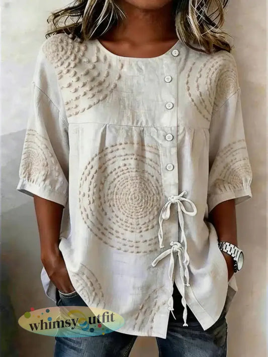 Dames geometrische patroon met knoop en geregen linnen blend shirt - Romig-Wit / S