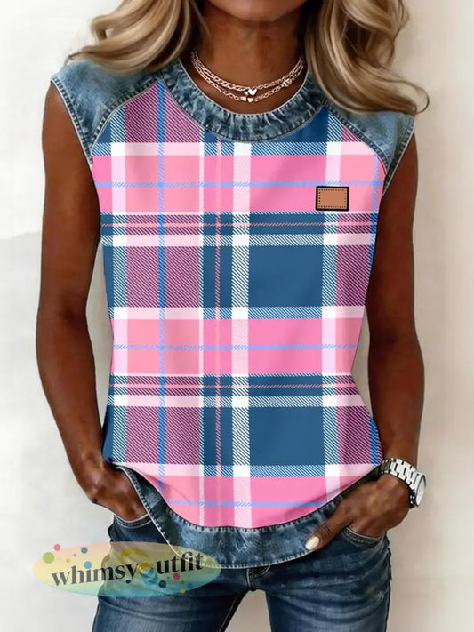 Dames geruite denim patchwork mouwloze top - Roze / S