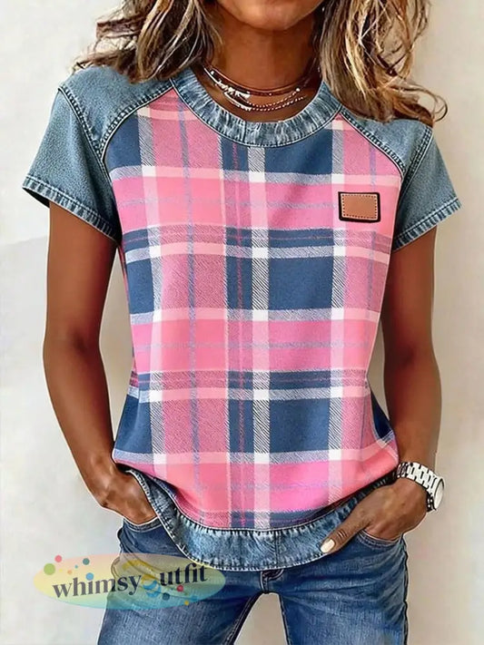 Dames geruite print denim patchwork top - Roze / S