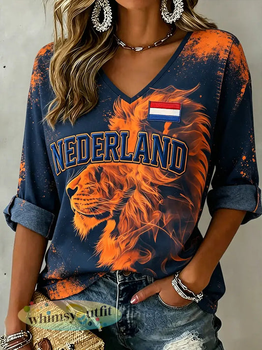 Dames gestoorde V-hals top met vlam en leeuwprint - A / S