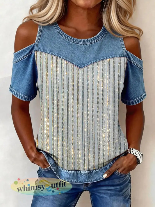 Dames glanzend gestreept denim patchwork top - als foto / S