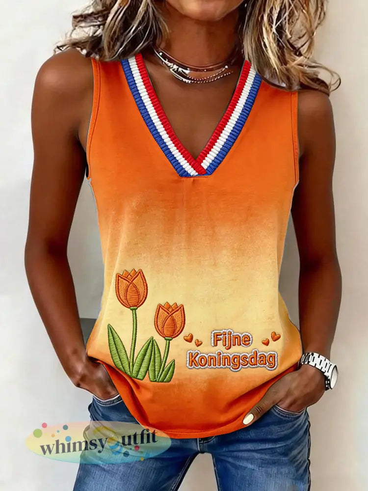 Dames gradiënt Nederlandse Tulp Koningsdag Print Casual V-hals Vest - Sinaasappel / S