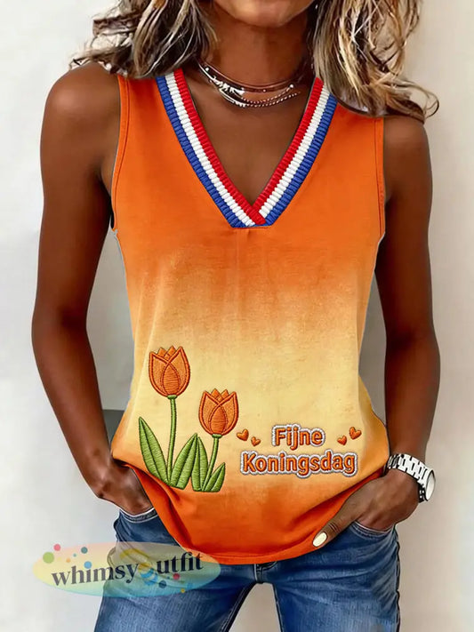 Dames gradiënt Nederlandse Tulp Koningsdag Print Casual V-hals Vest - Sinaasappel / S