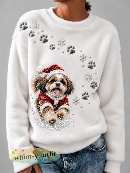 Dames hardlopen Kerstmis Shih Tzu hond print flanellen sweatshirt - Wit / S