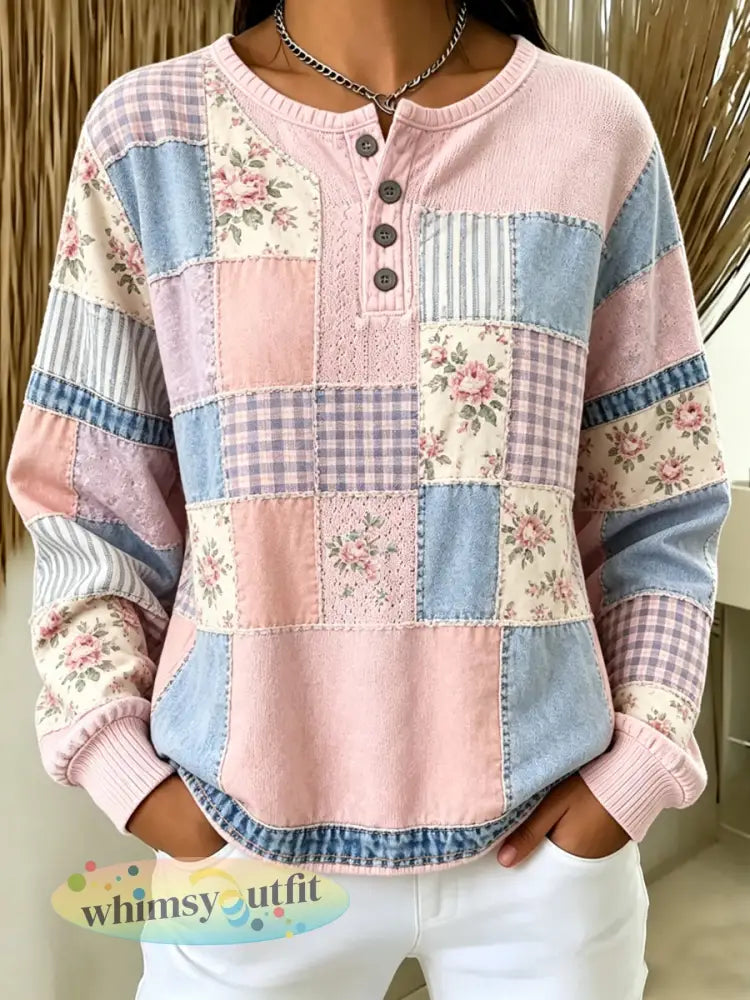Dames Henley-shirt met bloemenprint en lange mouwen - Roze / S