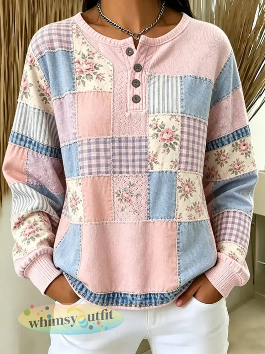 Dames Henley-shirt met bloemenprint en lange mouwen - Roze / S