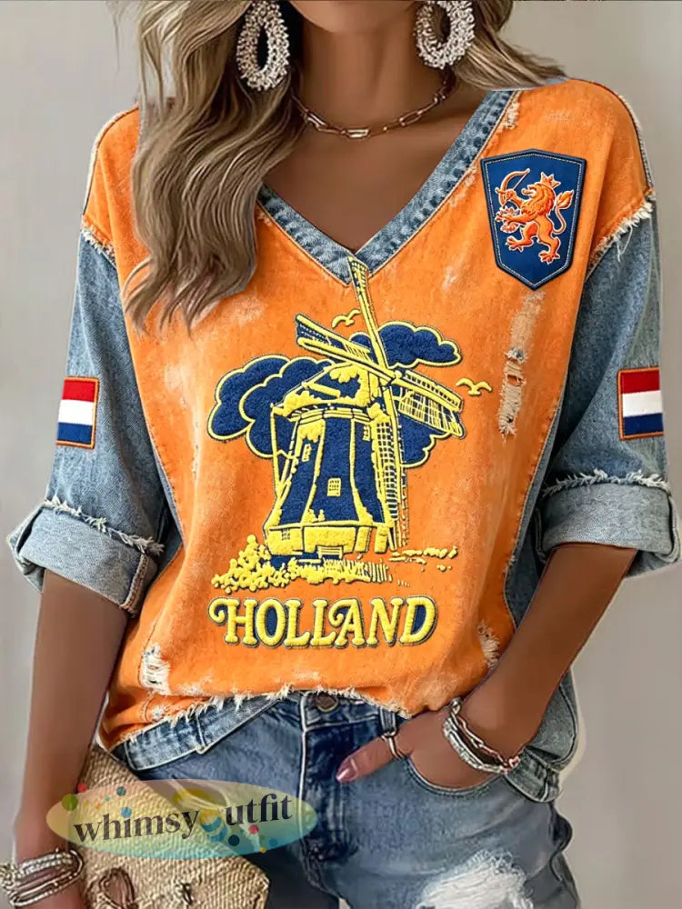 Dames Holland Denim-Effect Patchwork Print Casual Oranje V-hals T-shirt - Sinaasappel / S