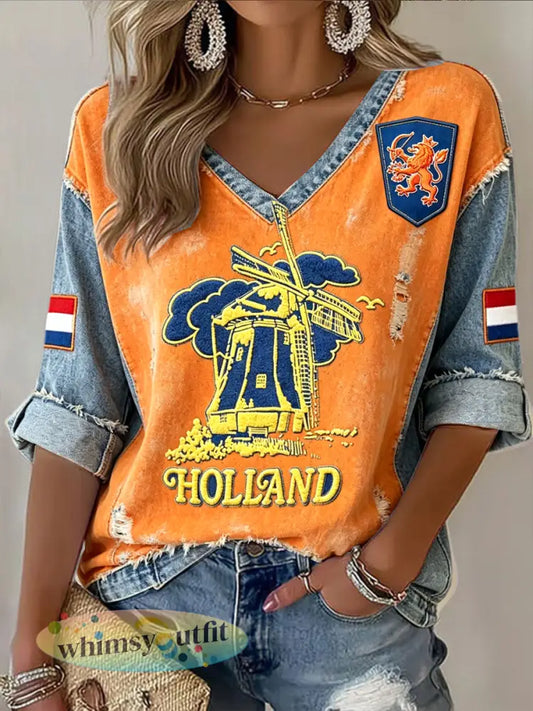 Dames Holland Denim-Effect Patchwork Print Casual Oranje V-hals T-shirt - Sinaasappel / S