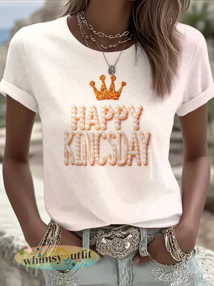 Dames Holland Fijne Koningsdag 3D Parelprint Roze T-shirt - Wit / S