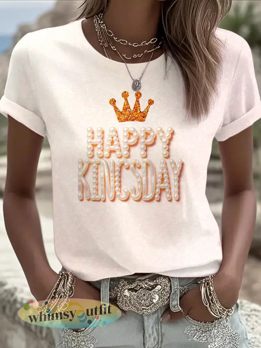 Dames Holland Fijne Koningsdag 3D Parelprint Roze T-shirt - Wit / S