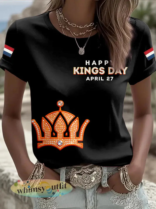 Dames Holland Koningsdag Kroonprint Zwart Mode Casual T-shirt - Zwart / S