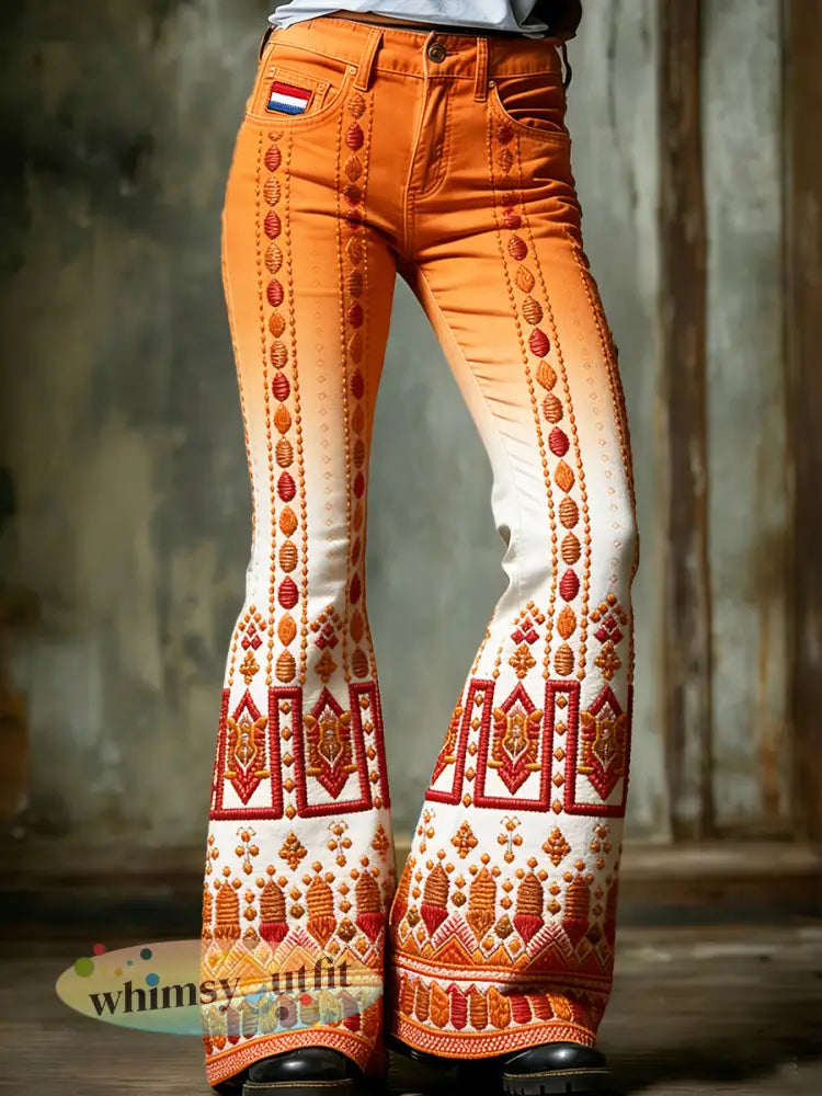 Dames Hollandse Koningsdag traditionele bloemenprint verloop casual uitlopende broek - Oranje wit / S