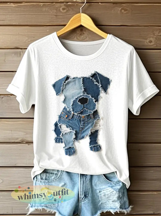 Dames Hond Patroon Denim Patchwork Art T-shirt - Wit / S