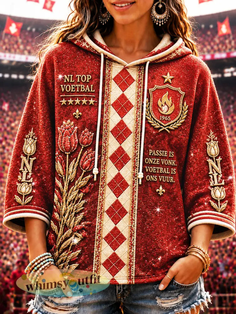 Dames-hoodie met patchworkprint en capuchon voetbalthema Holland Twente - Rood / S
