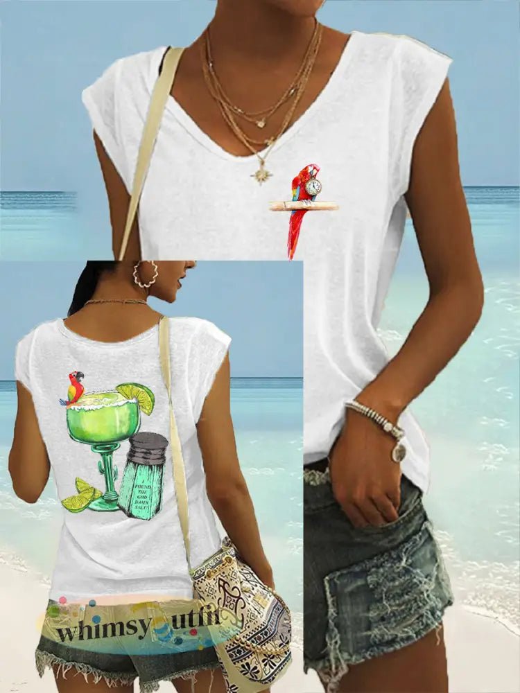 Dames Ik ben gepensioneerd papegaaienprint casual mouwloos T-shirt - Wit / S