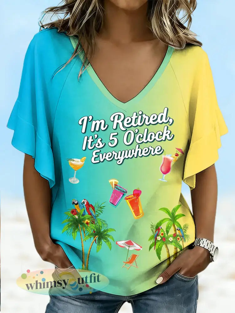 Dames Ik ben met pensioen het is 5 uur overal met gradiëntprint casual met ruches mouw V-hals T-shirt - gemengde kleur