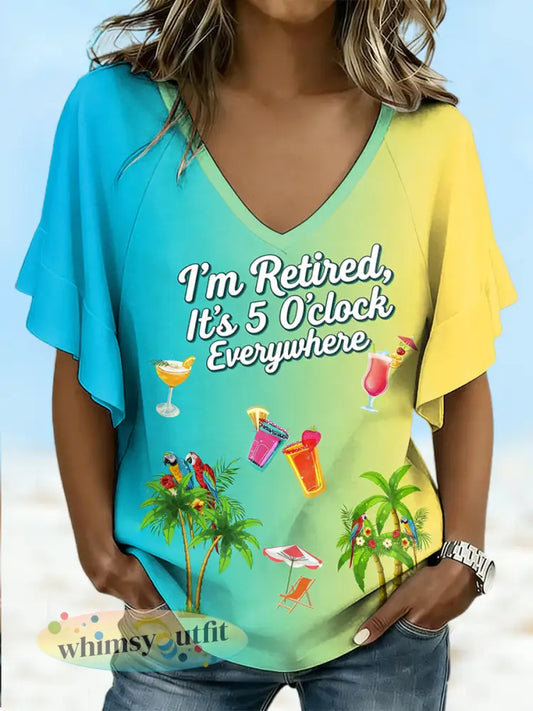 Dames Ik ben met pensioen het is 5 uur overal met gradiëntprint casual met ruches mouw V-hals T-shirt - gemengde kleur