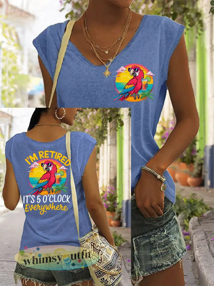 Dames Ik ben met pensioen Het is 5 uur overal papegaaienprint casual mouwloos T-shirt - Blauw / S