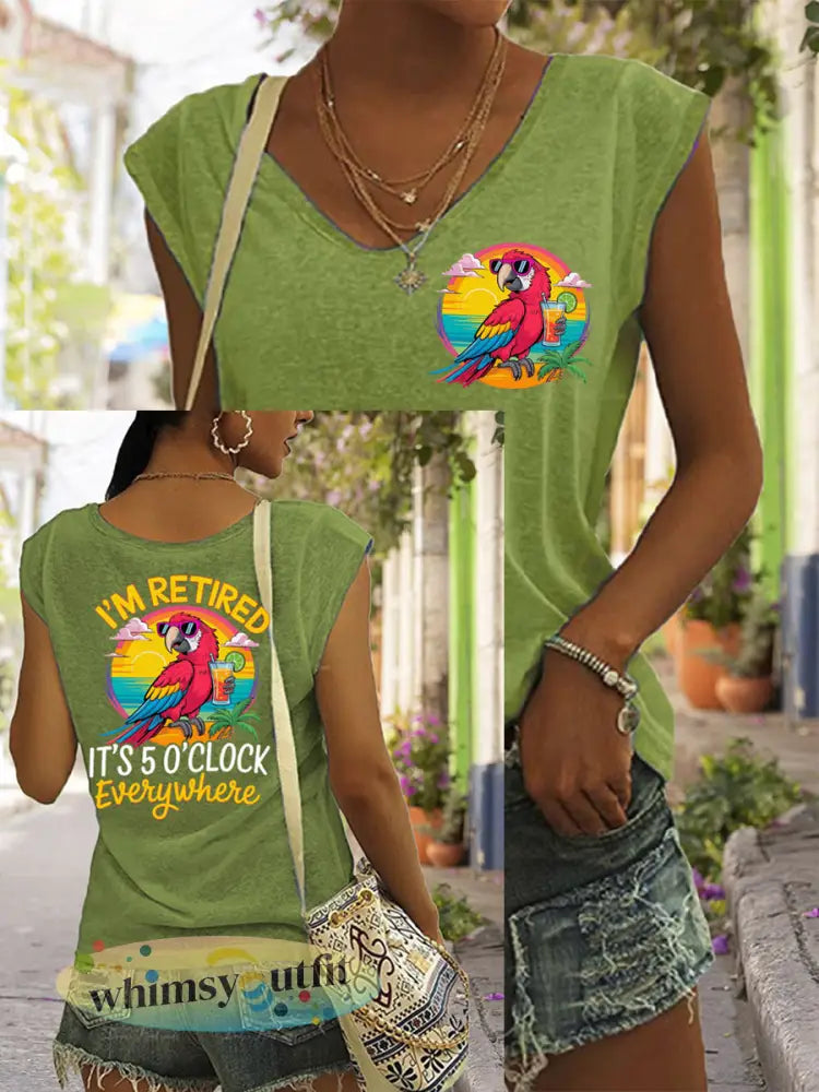 Dames Ik ben met pensioen Het is 5 uur overal papegaaienprint casual mouwloos T-shirt - Groen / S