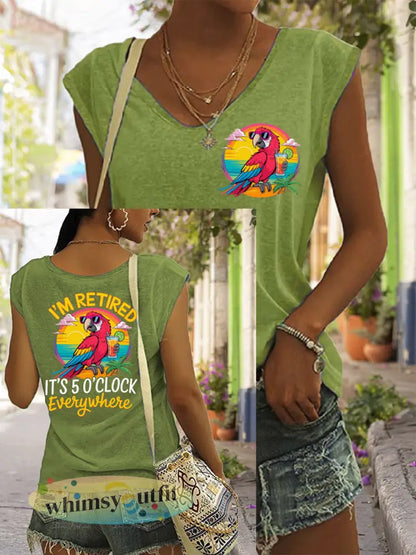Dames Ik ben met pensioen Het is 5 uur overal papegaaienprint casual mouwloos T-shirt - Groen / S