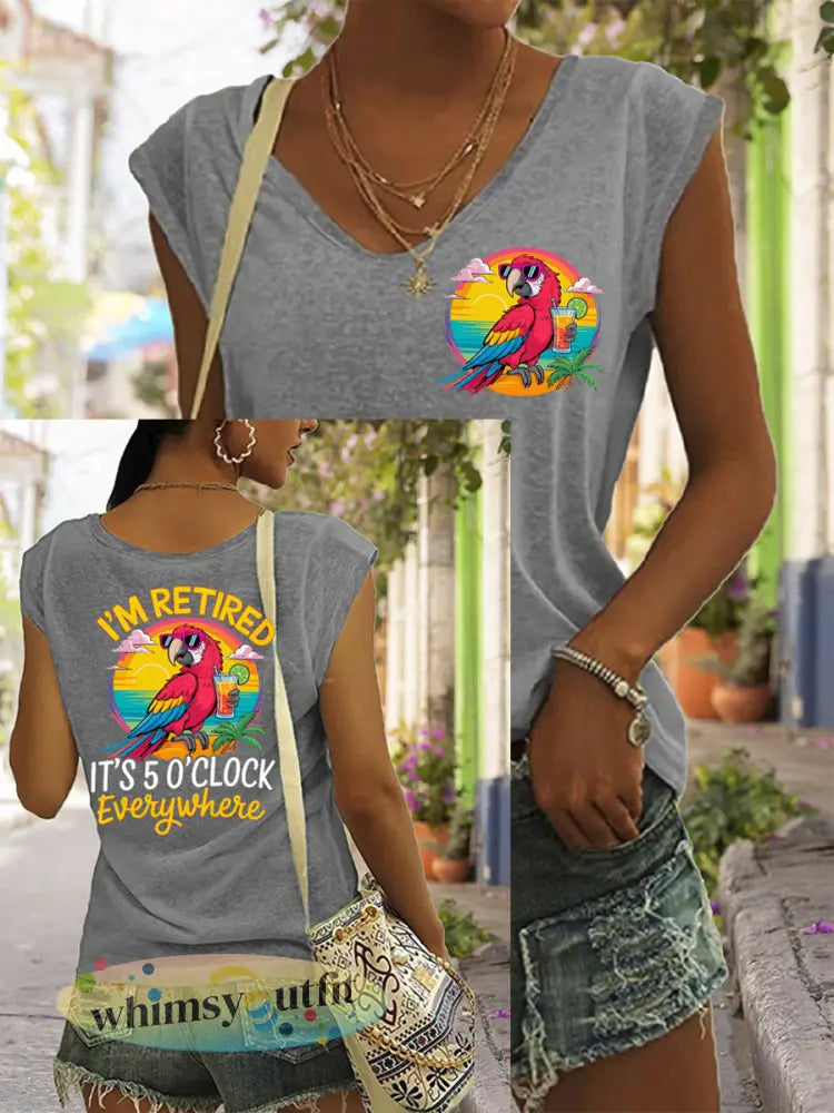 Dames Ik ben met pensioen Het is 5 uur overal papegaaienprint casual mouwloos T-shirt - Lichtgrijs / S