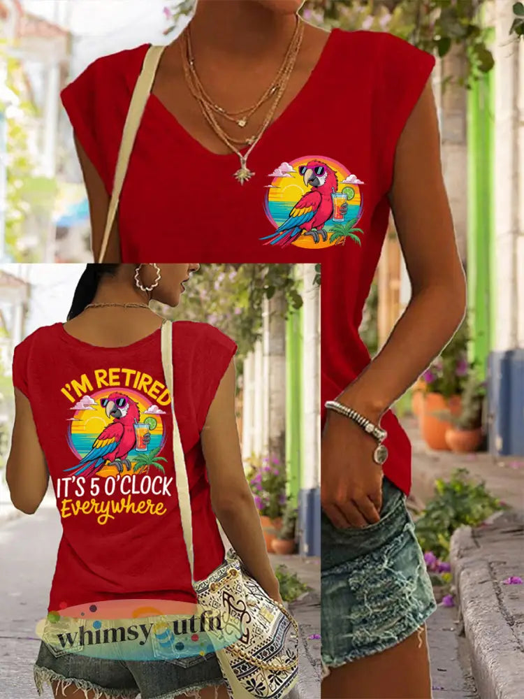 Dames Ik ben met pensioen Het is 5 uur overal papegaaienprint casual mouwloos T-shirt - Rood / S