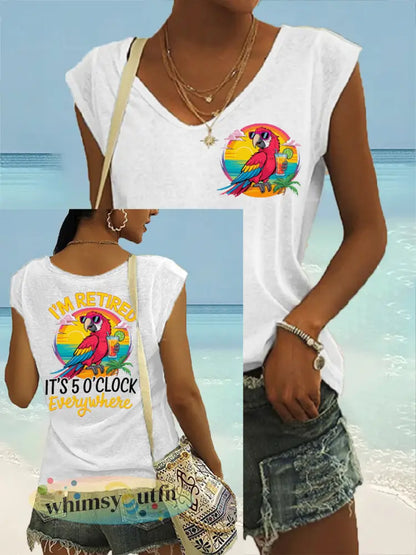 Dames Ik ben met pensioen Het is 5 uur overal papegaaienprint casual mouwloos T-shirt - Wit / S