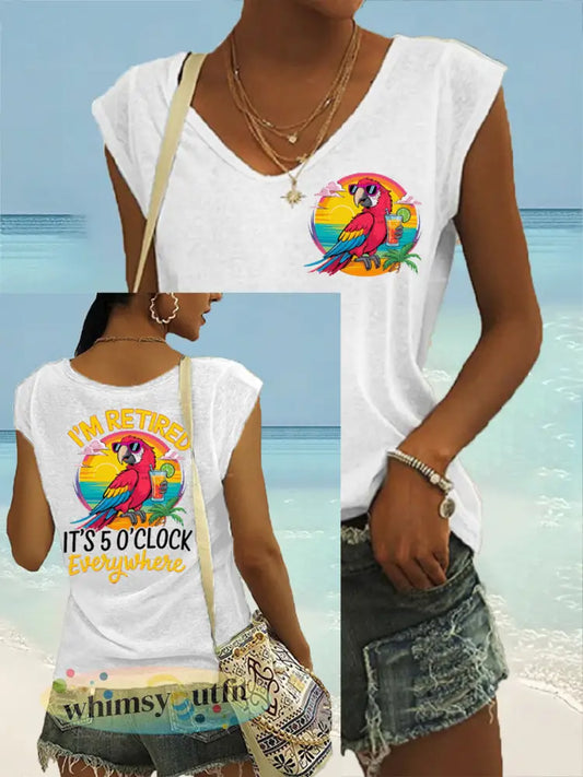 Dames Ik ben met pensioen Het is 5 uur overal papegaaienprint casual mouwloos T-shirt - Wit / S