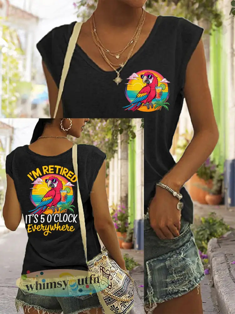 Dames Ik ben met pensioen Het is 5 uur overal papegaaienprint casual mouwloos T-shirt - Zwart / S