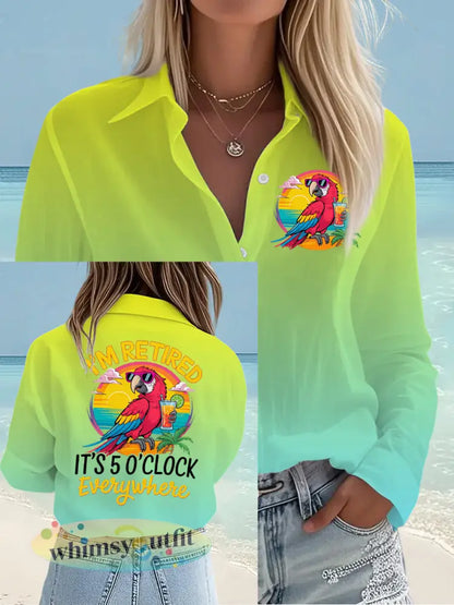 Dames Ik ben met pensioen Het is 5 uur overal papegaaienprint casual shirt - Blauw-Groen / S
