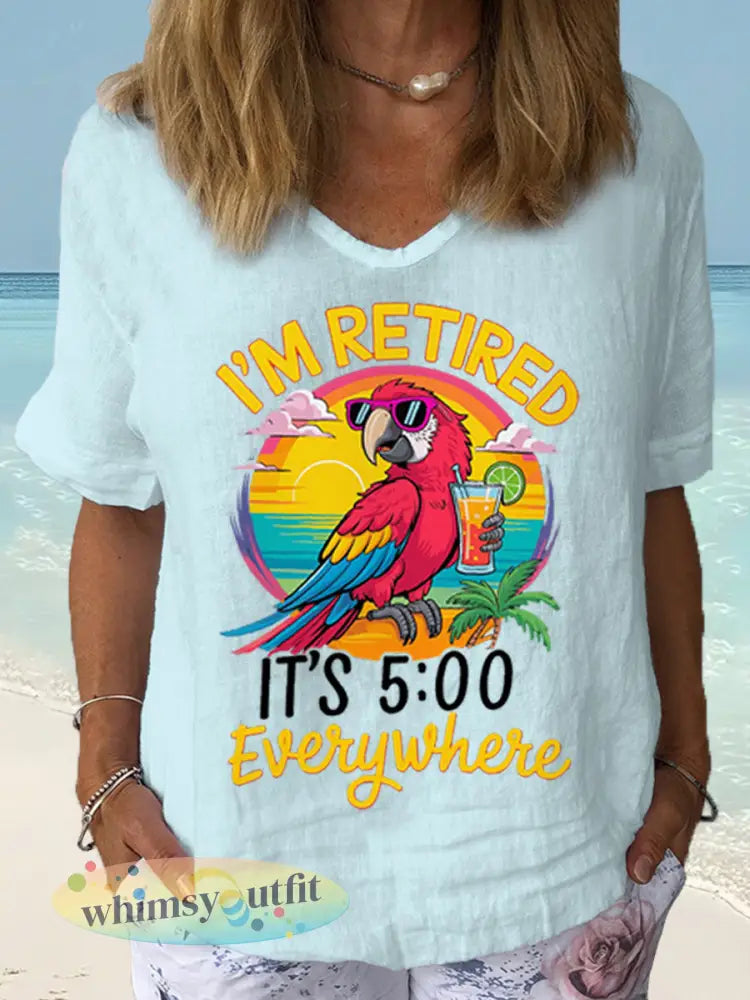 Dames Ik ben met pensioen Het is 5 uur overal papegaaienprint casual shirt met korte mouwen - Lichtblauw / S