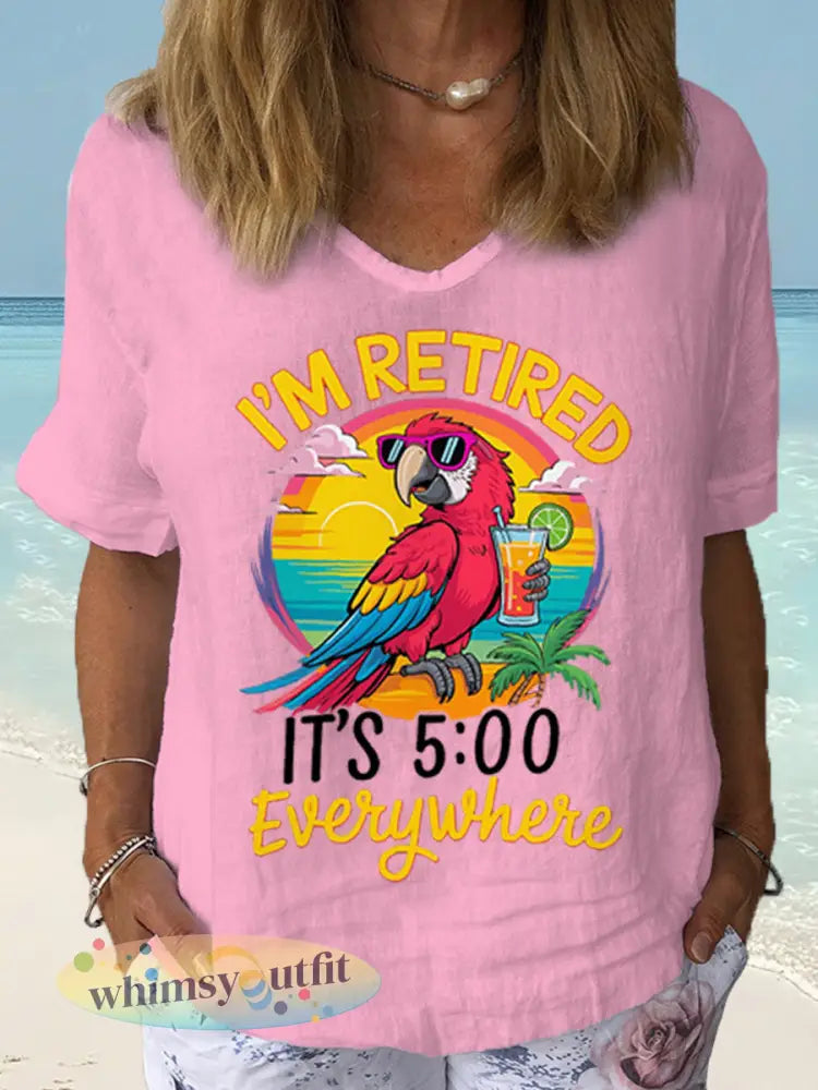 Dames Ik ben met pensioen Het is 5 uur overal papegaaienprint casual shirt met korte mouwen - Roze / S
